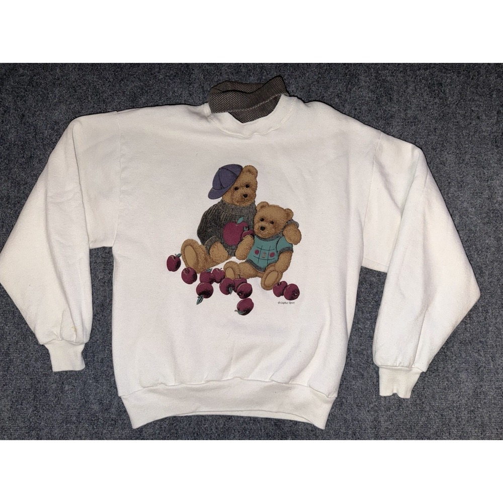 Vintage Teddy Bear Apple Sweatshirt Womens Medium Cottagecore Fall USA Made